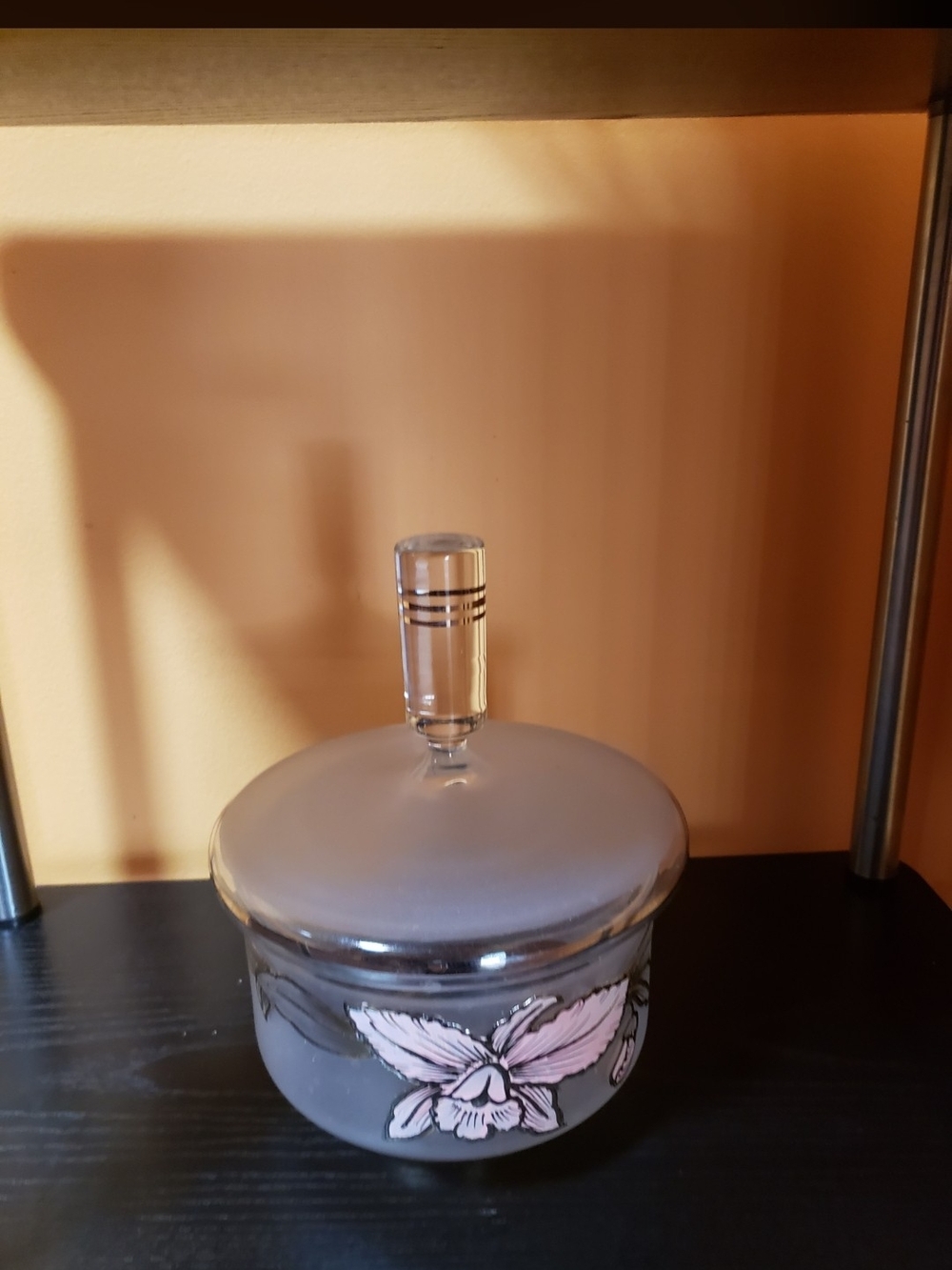 Vintage Gray Glass Covered Candy Dish with Pink Floral Accent